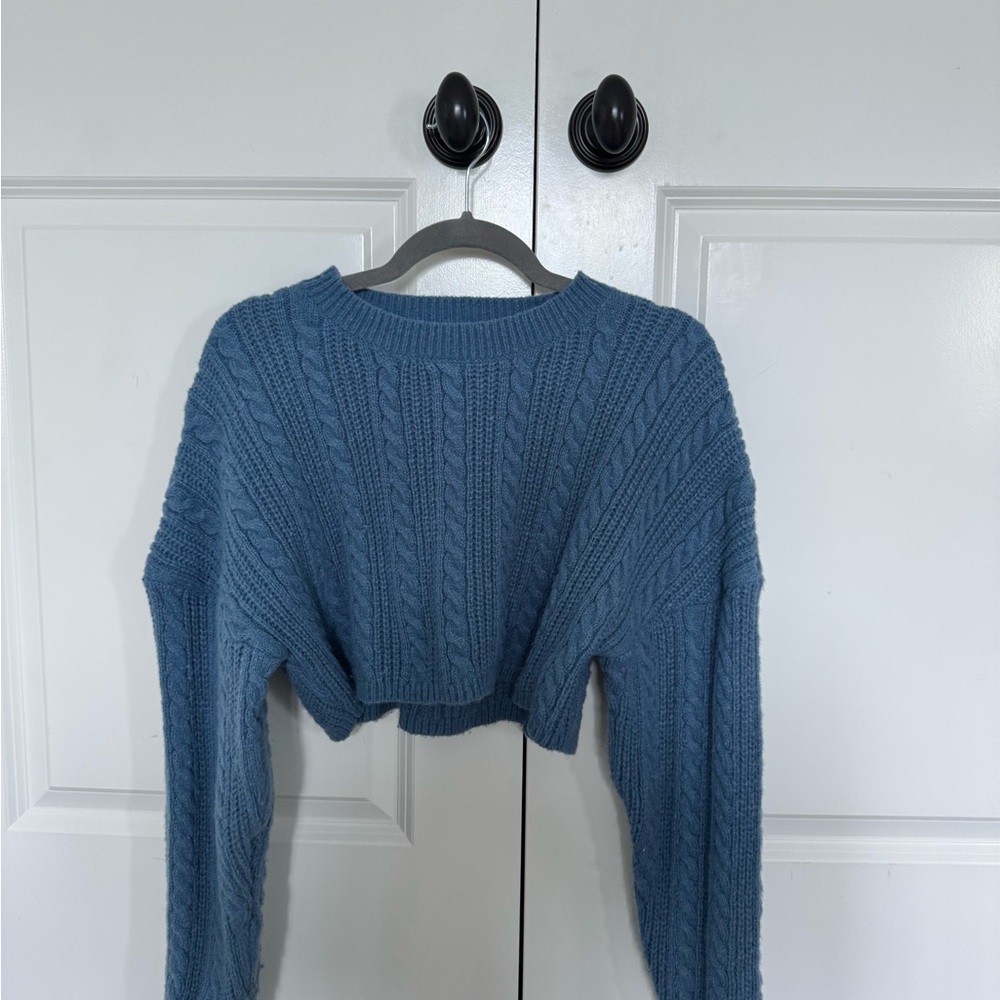 Cropped Blue Cable Knit Women's Sweater